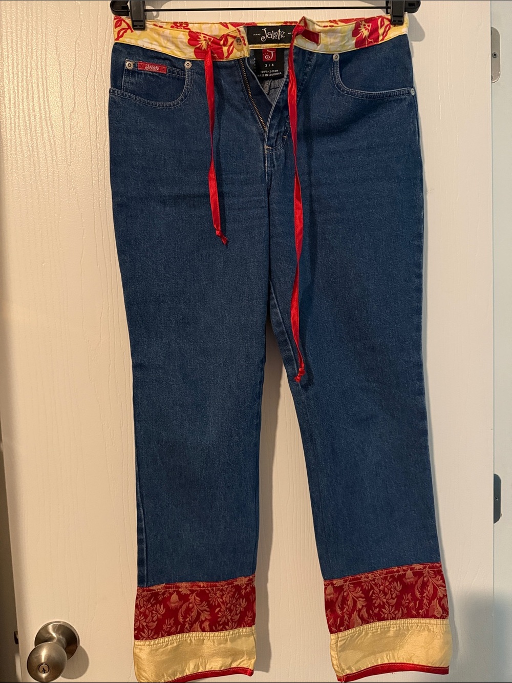 Jolie Dark Blue Straight-Leg Jeans with Red & Gold Accents